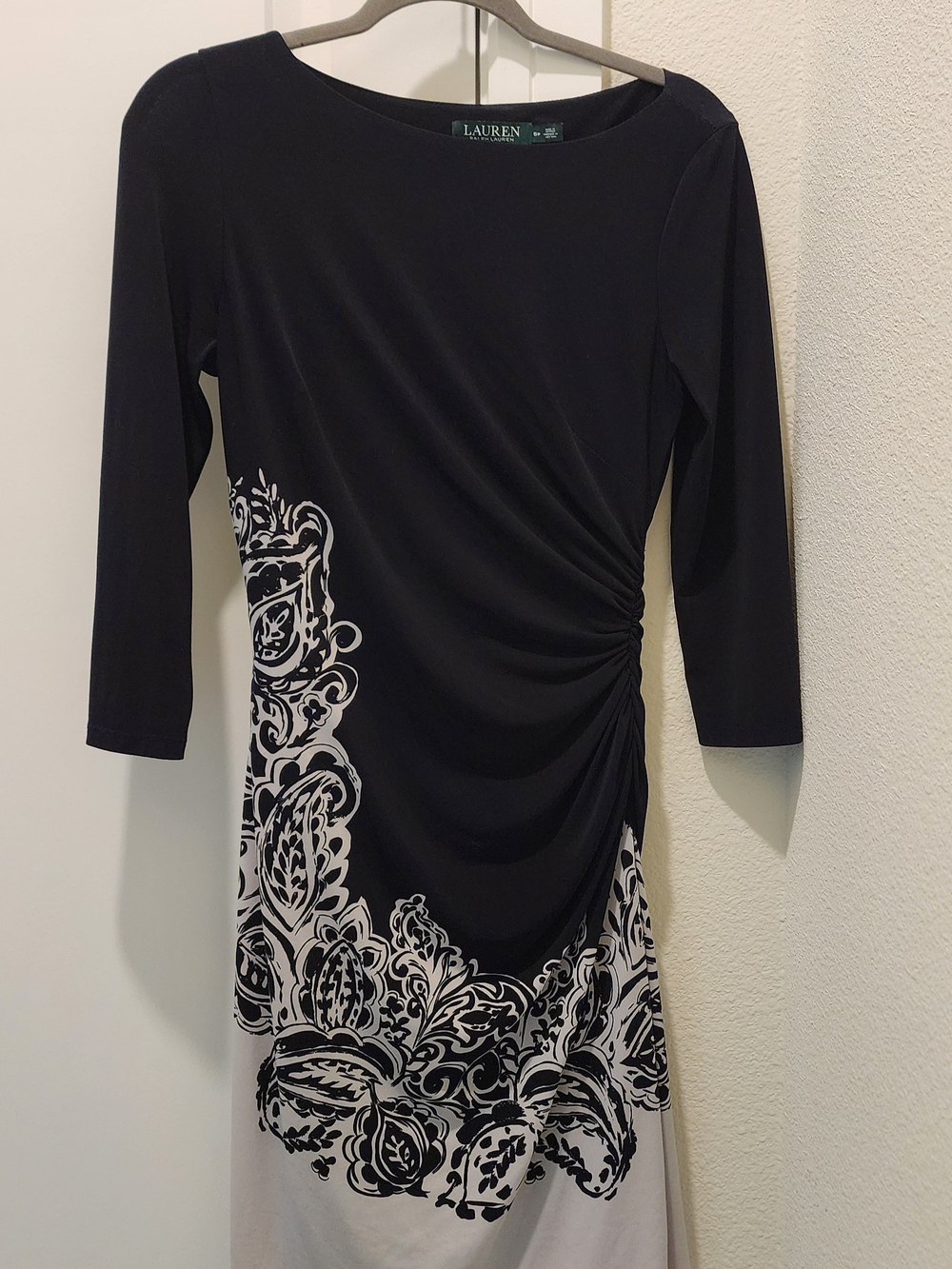 Ralph Lauren Black & White Ruched Border Print Sheath Dress